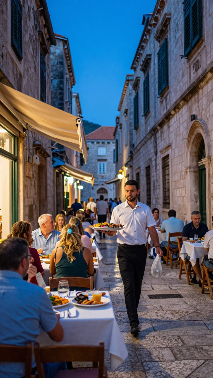 Serving Seafood in Dubrovnik in in Dubrovnik, Croatia