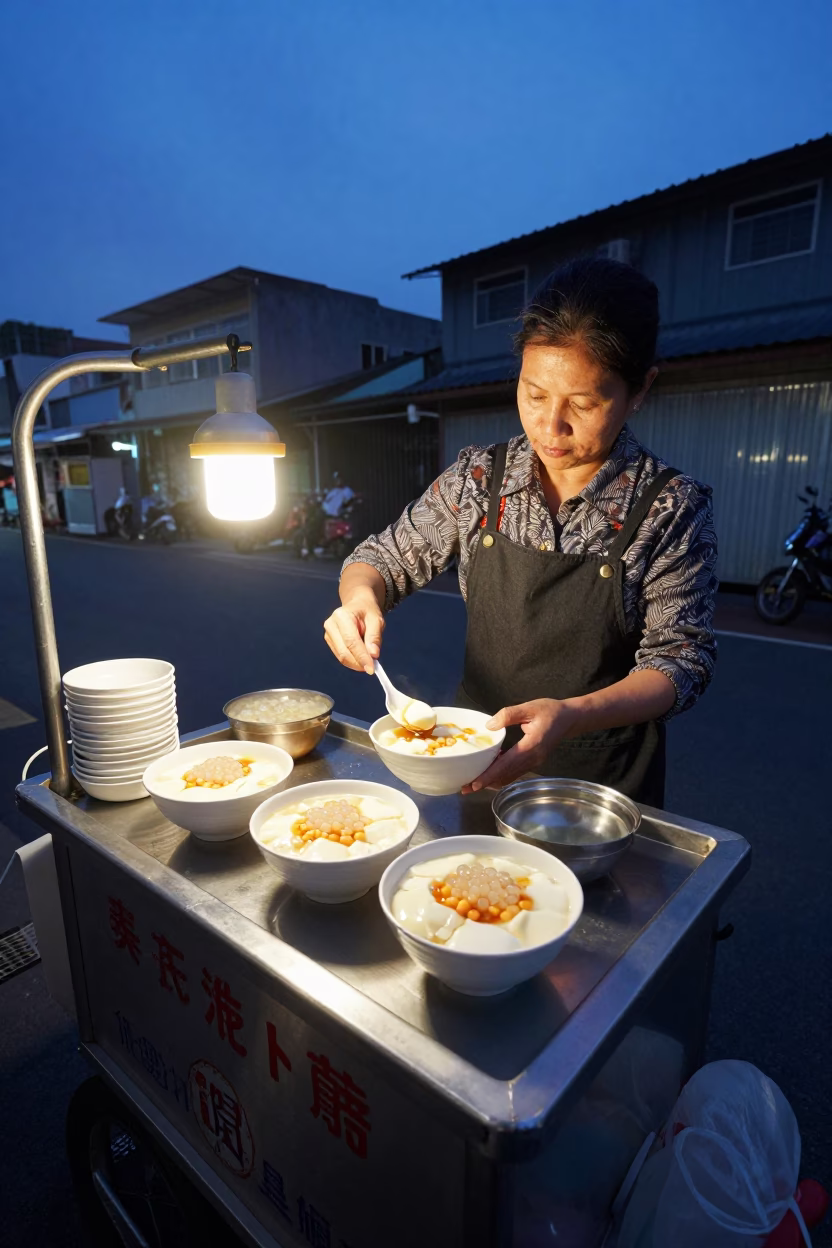 Serving Taho in Kaohsiung at Blue Hour in in Kaohsiung, Taiwan