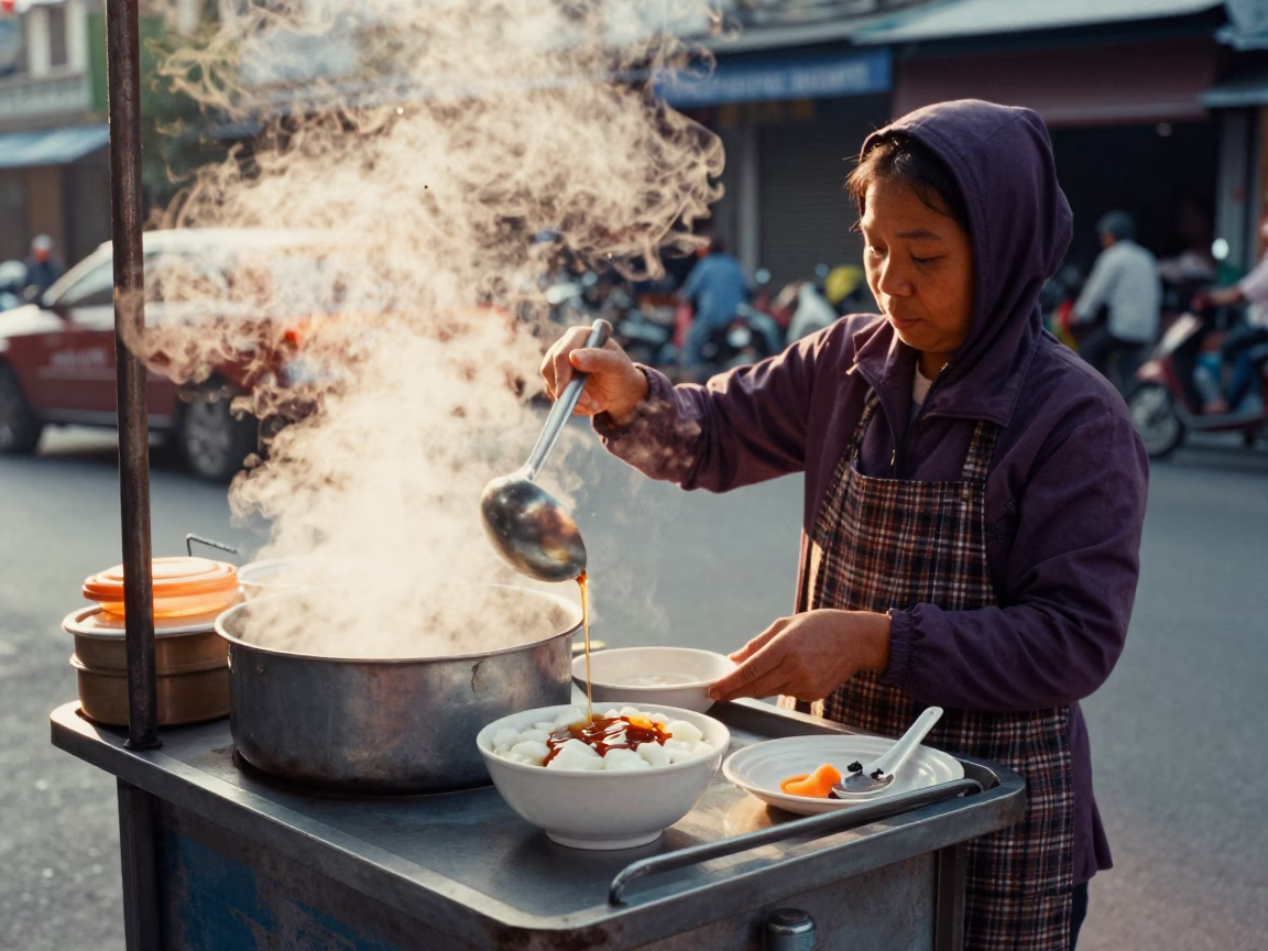 Serving Taho just after sunrise in Ho Chi Minh City in in Ho Chi Minh City, Vietnam