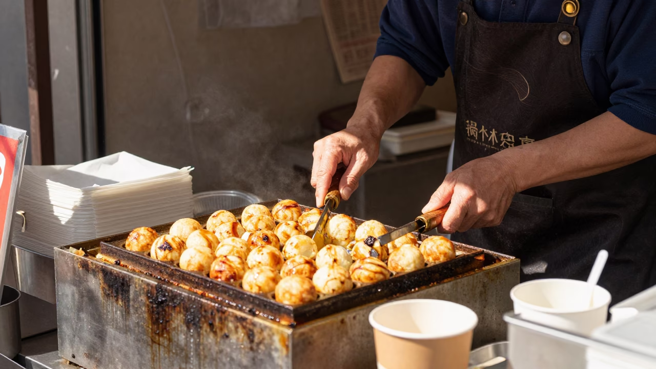 Serving Takoyaki in Osaka at The Flat Glare Of Noon Light in in Osaka, Japan