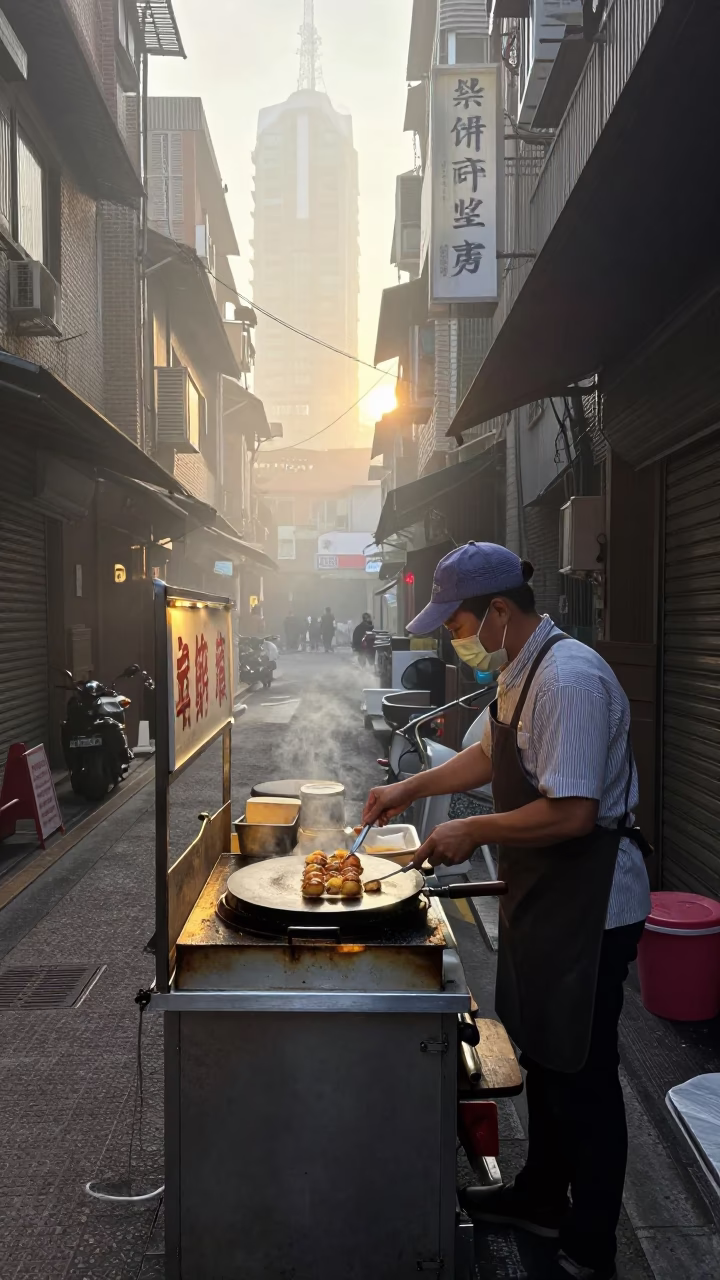 Serving Takoyaki in Taipei at As First Light Reaches The Scene in in Taipei, Taiwan