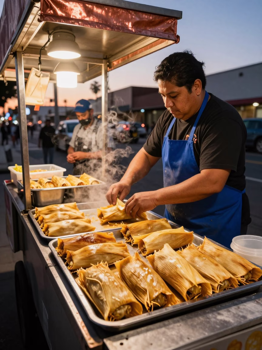 Serving Tamales in Los Angeles at Copper-toned Light Before Dusk in in Los Angeles, California, United States