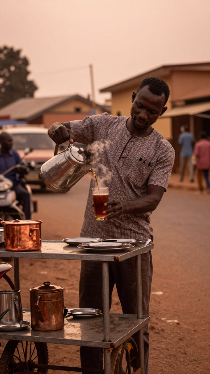 Serving Tea in Accra at Copper-toned Light Before Dusk in in Accra, Ghana