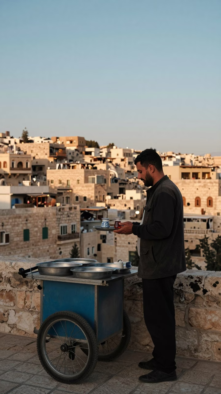 Serving Tea in Amman at As First Light Reaches The Scene in in Amman, Jordan