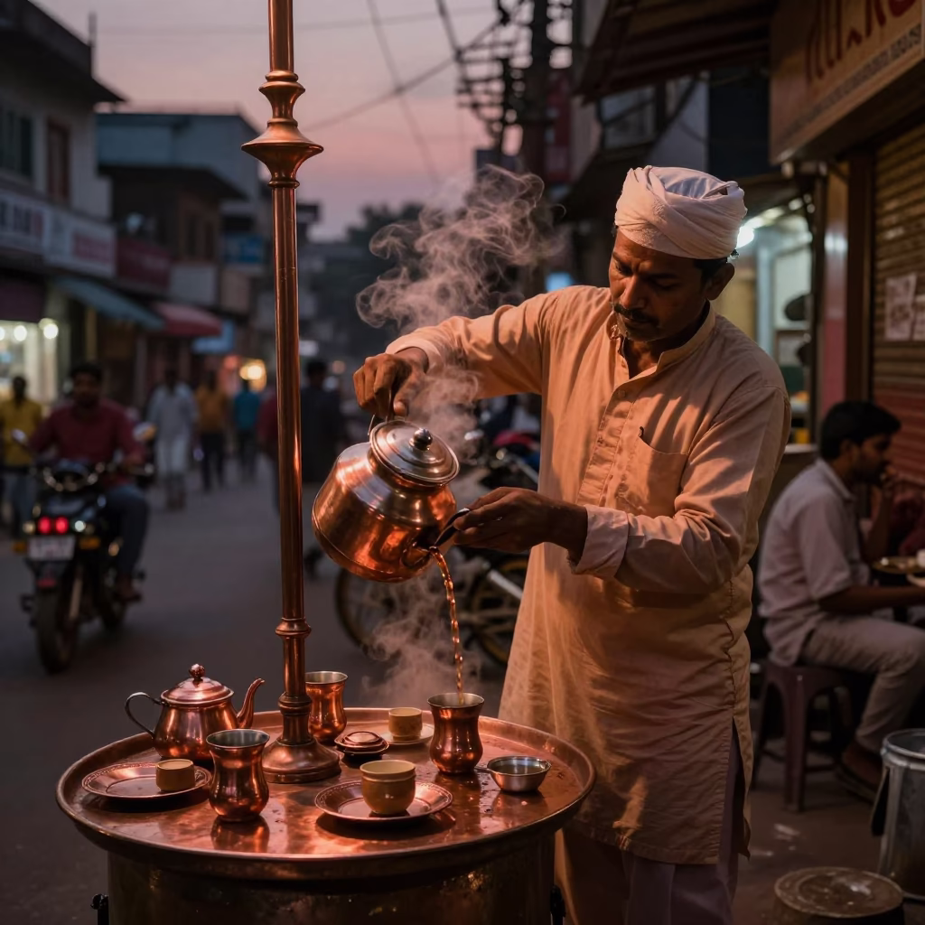 Serving Tea in Delhi at Copper-toned Light Before Dusk in in Delhi, India