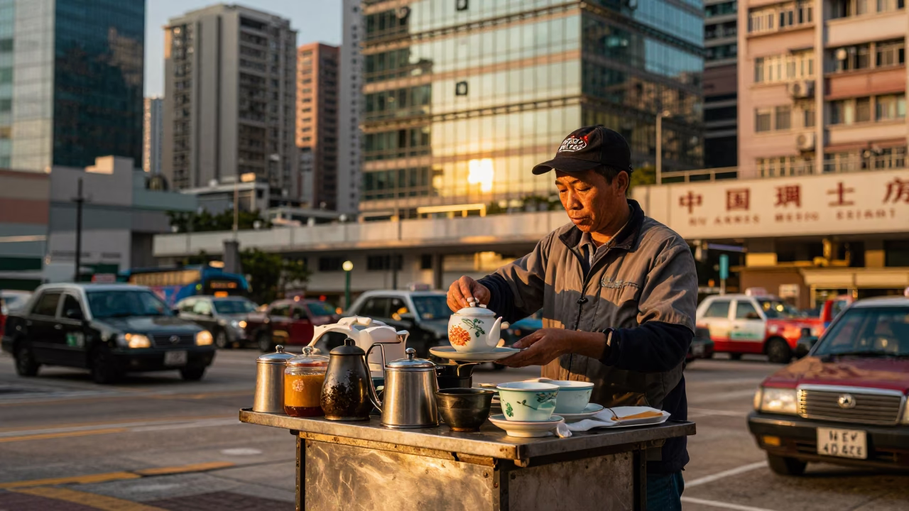 Serving Tea in Hong Kong at Honeyed Evening Light in in Hong Kong, Hong Kong