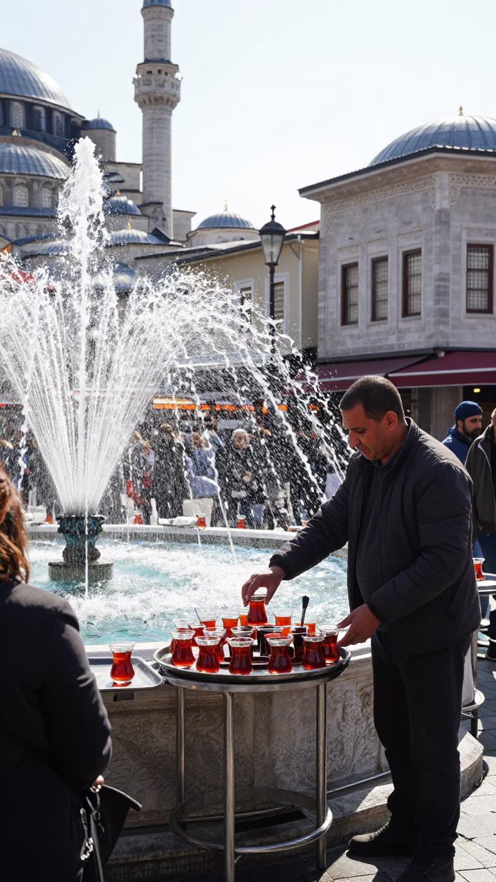 Serving Tea in Istanbul at Bright Midmorning Light in in Istanbul, Turkey