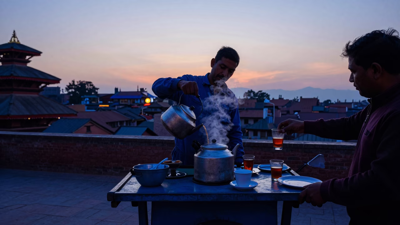 Serving Tea in Kathmandu at Indigo Twilight After Sunset in in Kathmandu, Nepal