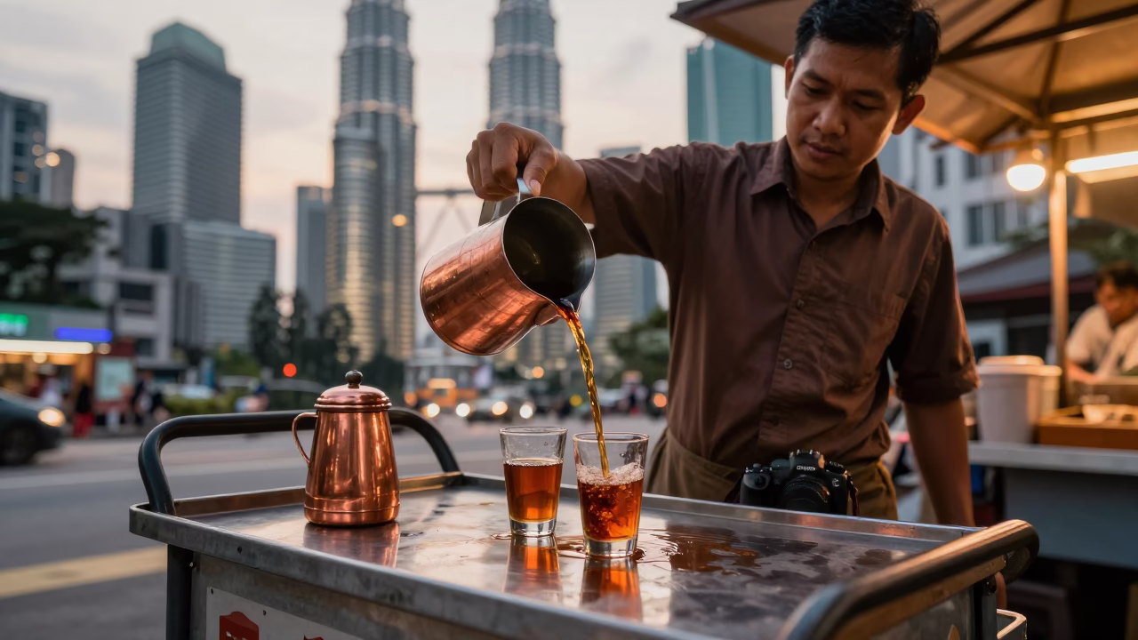 Serving Tea in Kuala Lumpur at Copper-toned Light Before Dusk in in Kuala Lumpur, Malaysia