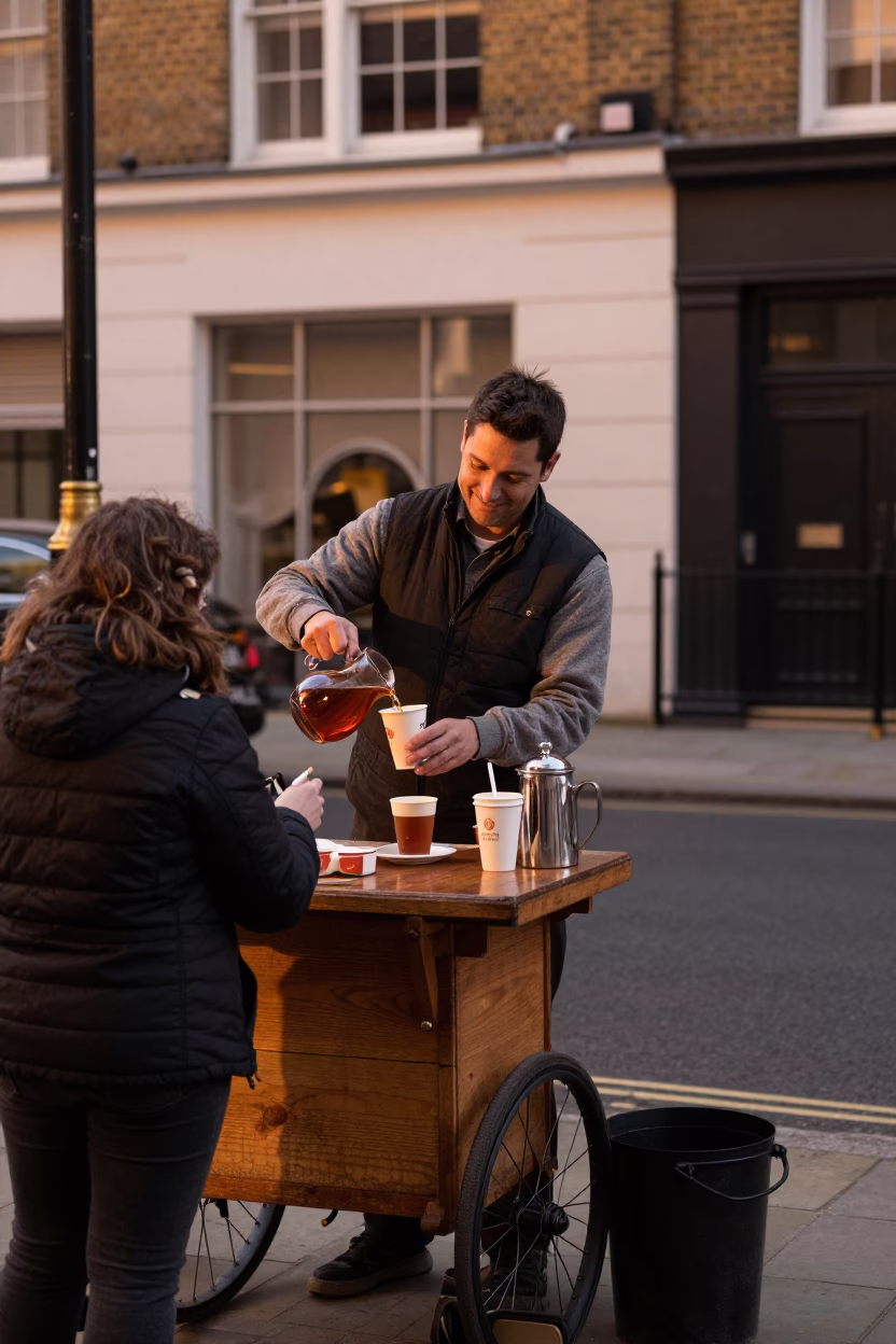 Serving Tea in London at Copper-toned Light Before Dusk in in London, United Kingdom