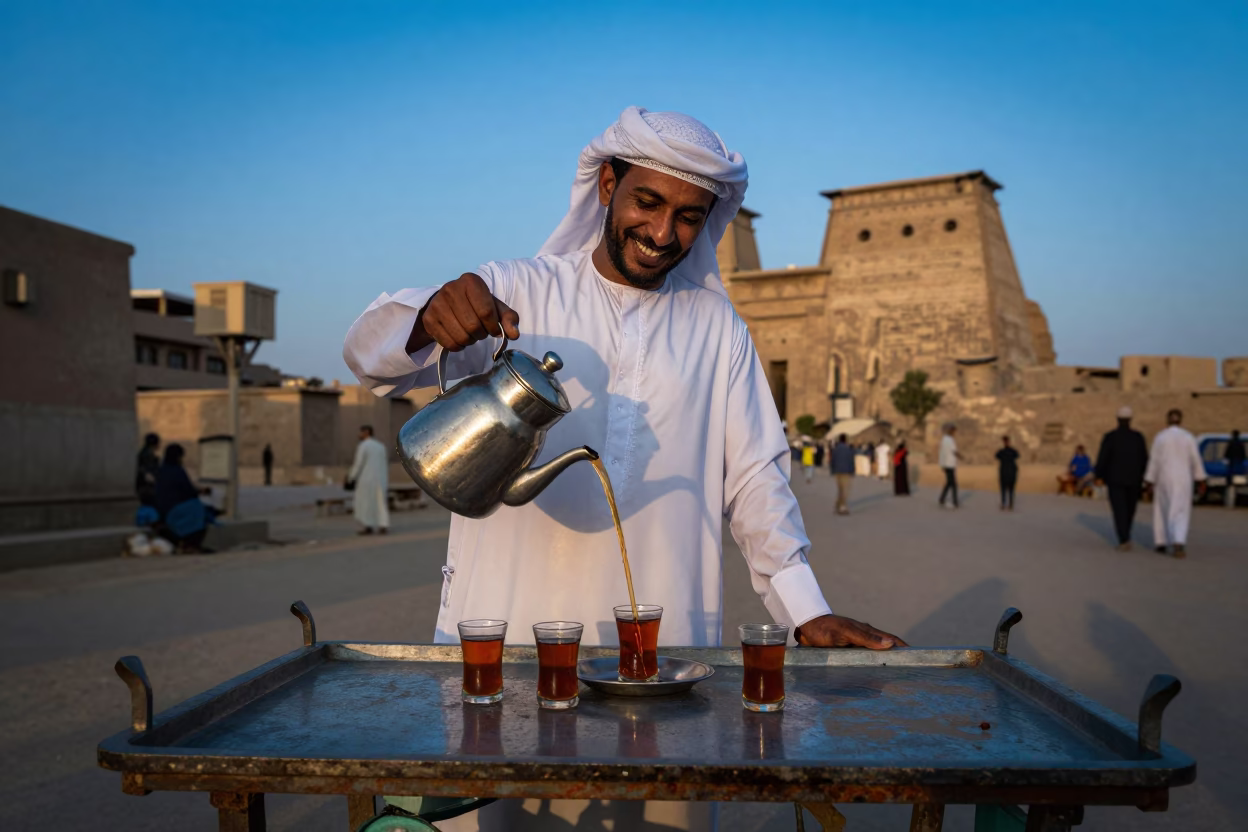 Serving Tea in Luxor at Blue Hour in in Luxor, Egypt