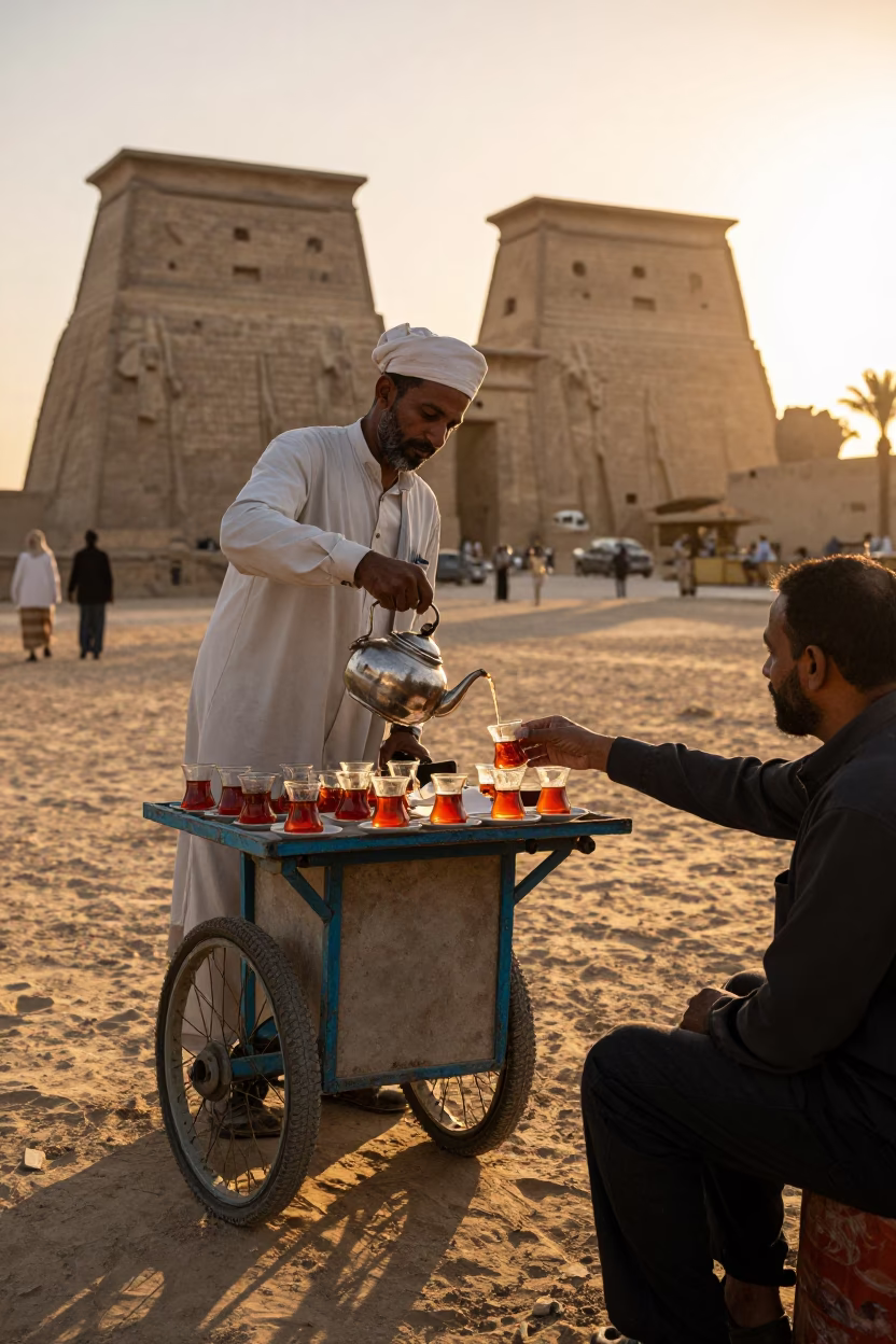 Serving Tea in Luxor at Golden Hour in in Luxor, Egypt