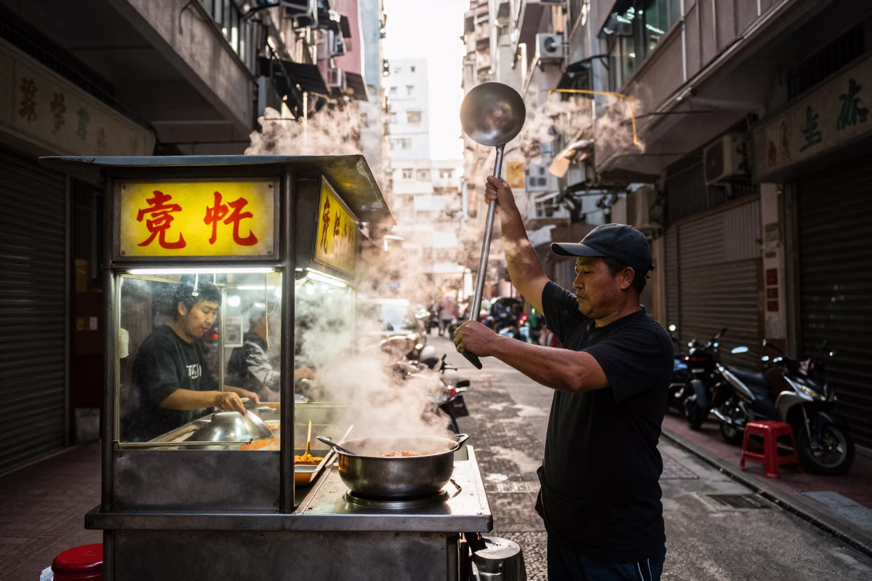Serving Thukpa in Hong Kong at As First Light Reaches The Scene in in Hong Kong, Hong Kong