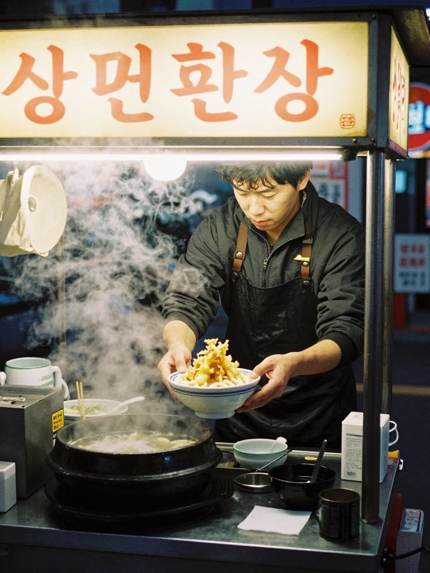 Serving Udon in Busan at Deep In The Night Light in in Busan, South Korea