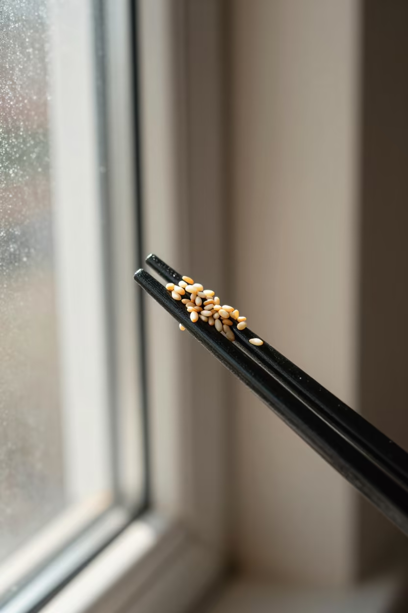 Sesame Seeds on Black Lacquer Chopsticks in along a frost-edged windowpane in Shorouk