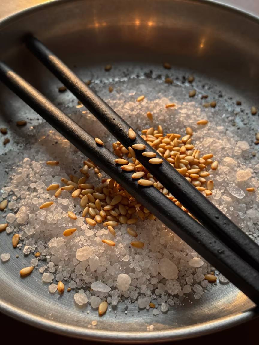 Sesame Seeds on Lacquered Chopsticks in on salt crystals along a pan rim in Isfahan