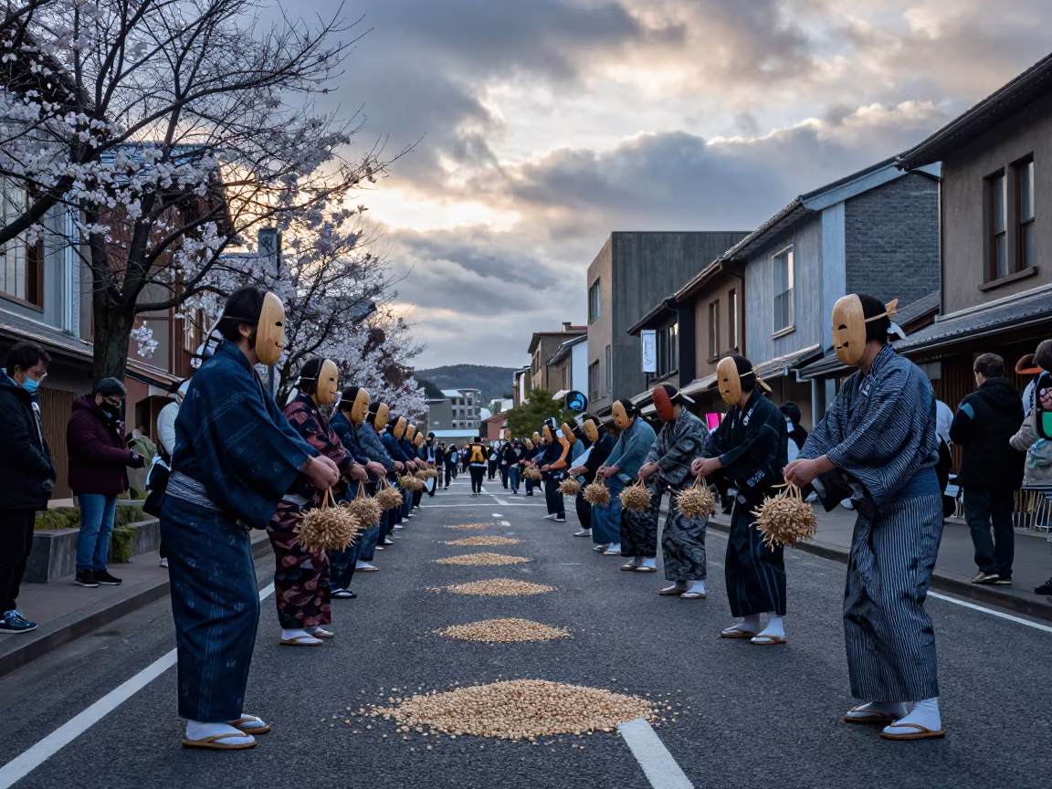 Setsubun Bean Throwing in Exeter Dawn Light in at a festival street procession in Exeter