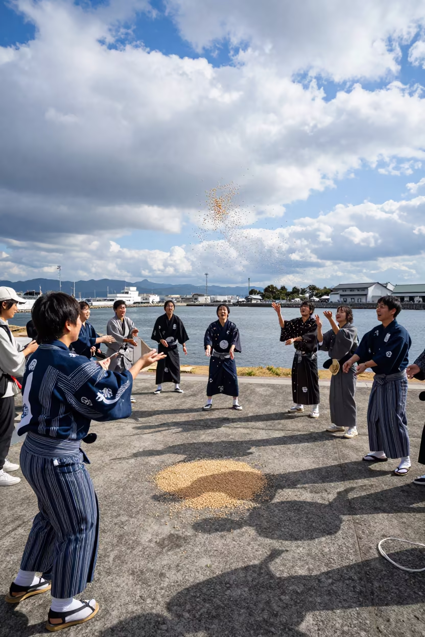 Setsubun Bean Throwing at Sumbe Waterfront in at a waterfront celebration near Sumbe