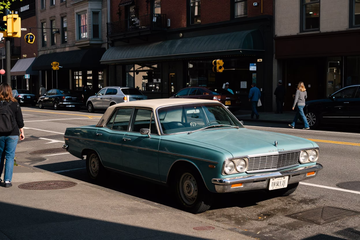 Seventies Seattle Street Scene with Vintage Car and Suspension Bridge in Late Afternoon Light in in Seattle, Washington, United States