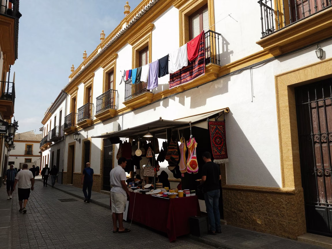 Seville afternoon street scene with laundry and local commerce in in Seville, Spain