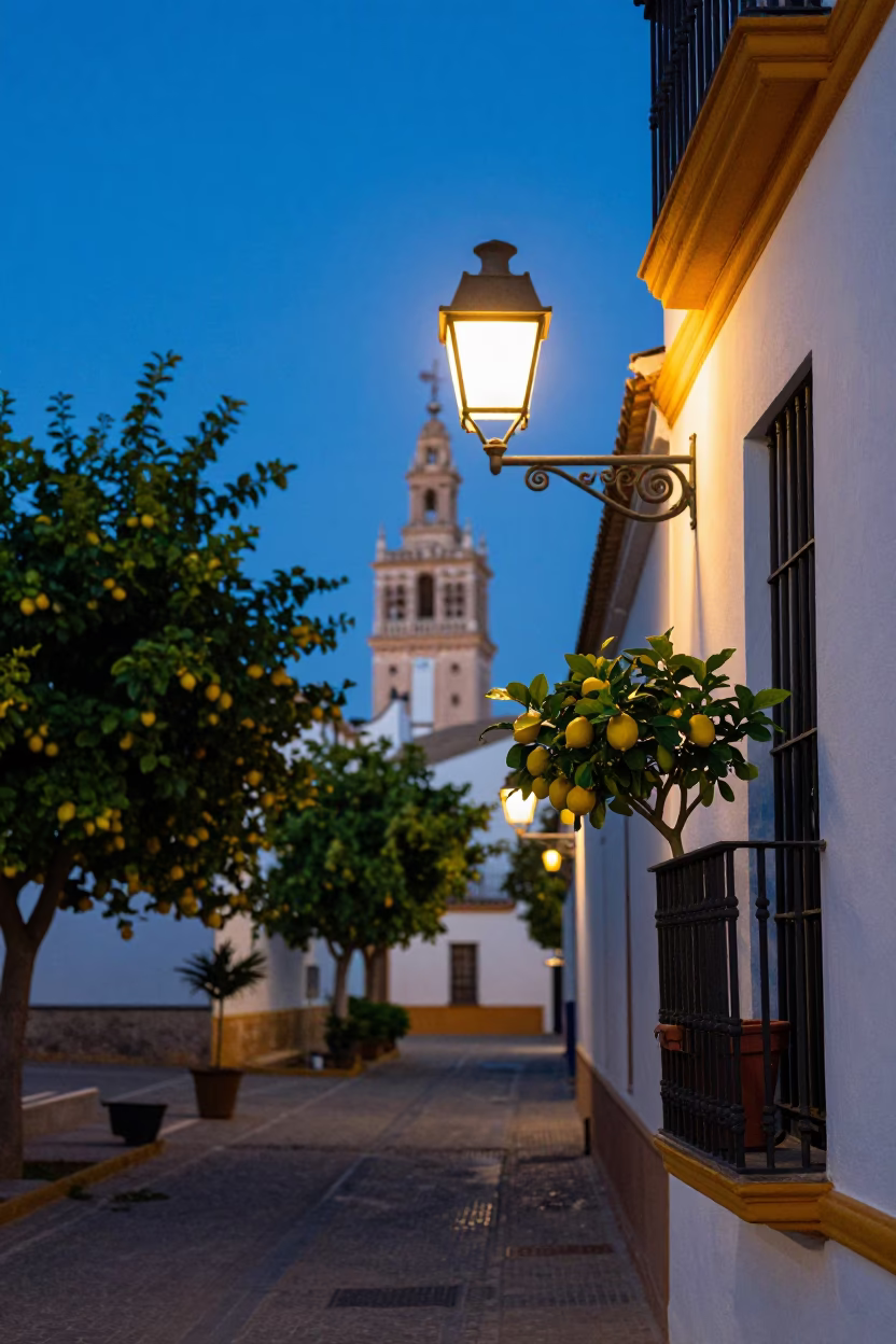 Seville Andalusia Twilight Street Scene with Lemon Groves and Urban Drainage Details in in Seville, Spain