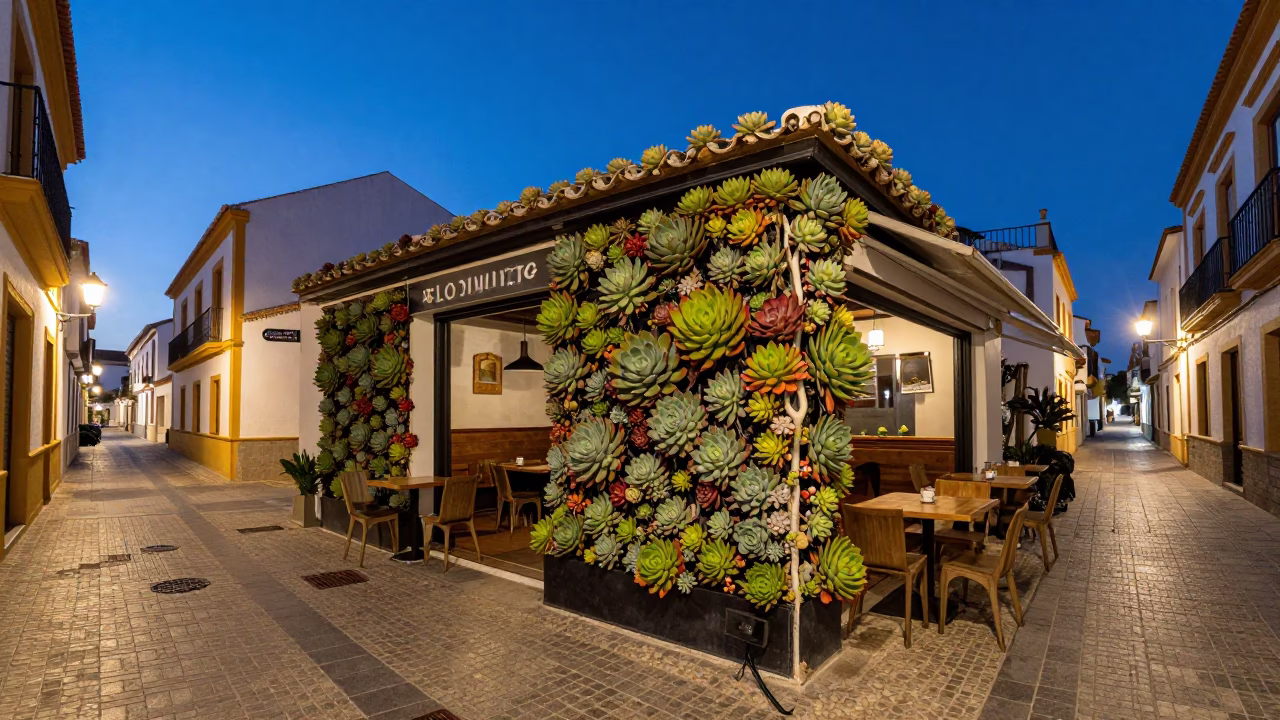 Seville Blue Hour Street Scene with Cafe Succulents and Local Evening Life in in Seville, Spain