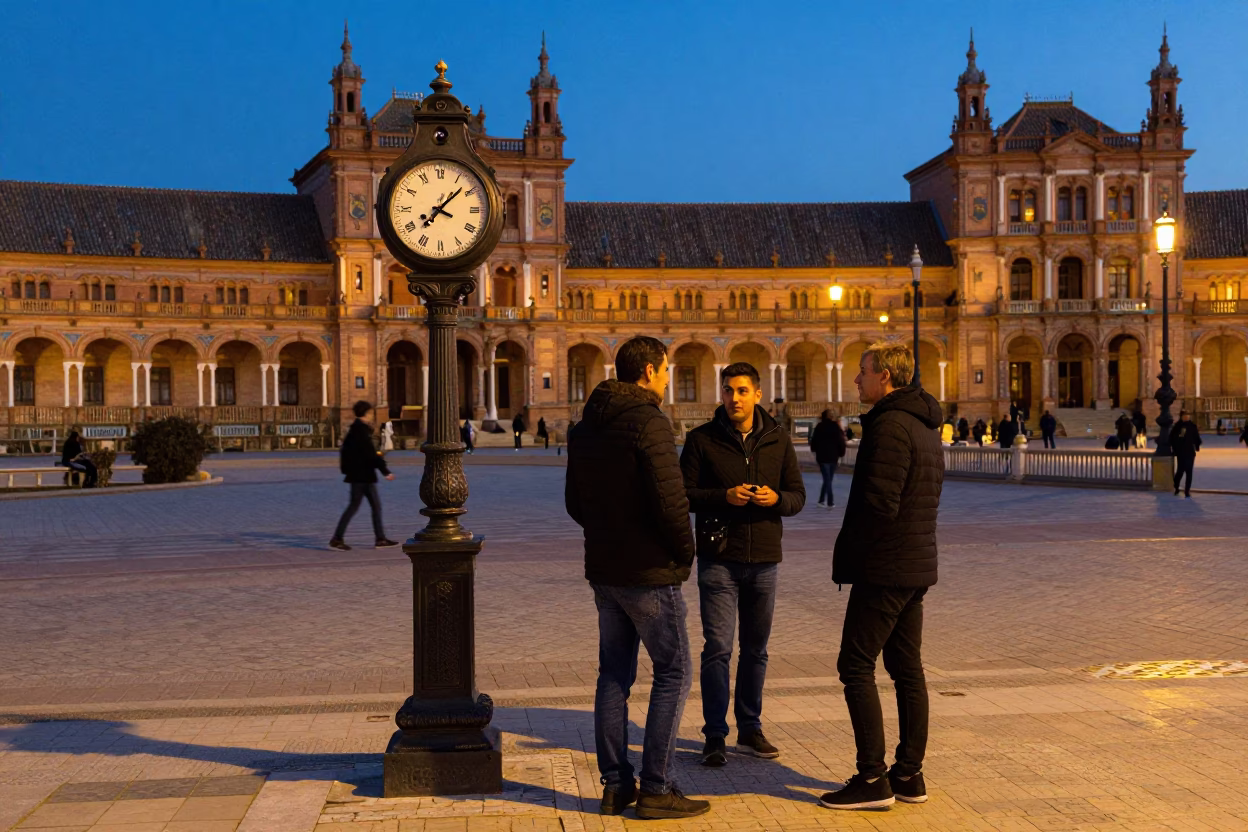 Seville Blue Hour Street Scene with Chess Clock and Local Interaction in in Seville, Spain