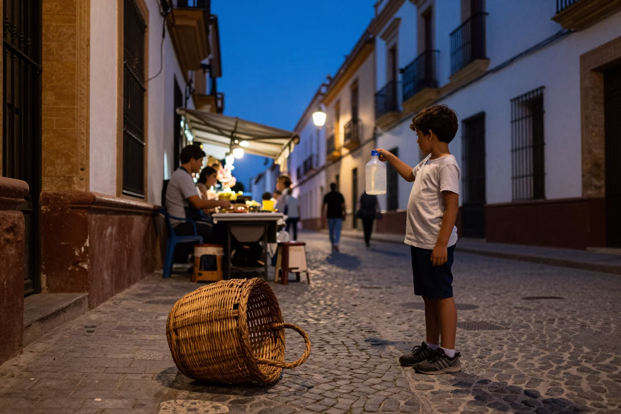 Seville Blue Hour Street Scene with Majolica and Market Activity in in Seville, Spain
