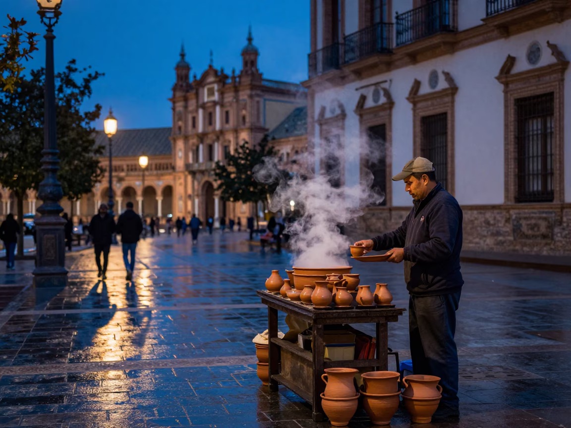 Seville Blue Hour Street Scene with Traditional Clay Tea Cups and Latch Details in in Seville, Spain