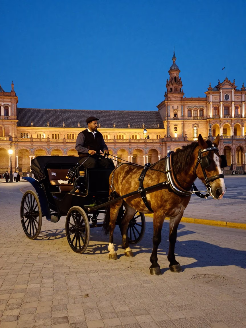 Seville Blue Hour Street Scene With Traditional Horse Drawn Cart On Cobblestone Plaza in in Seville, Spain