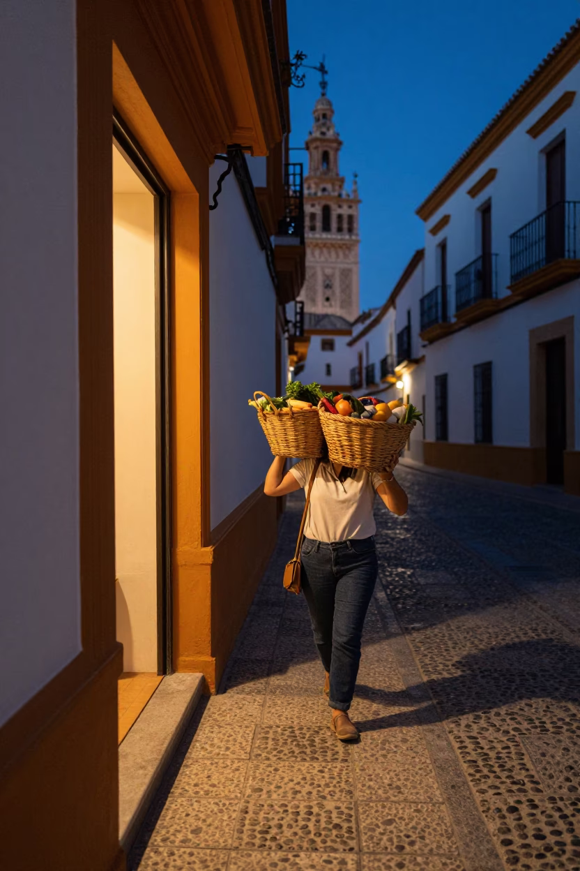Seville Blue Hour Street Scene With Woven Basket And Doorframe in in Seville, Spain