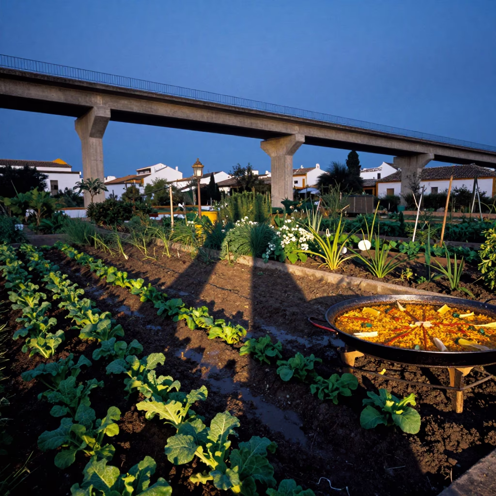 Seville Blue Hour Viaduct Shadow Over Allotment Gardens and Paella Pan in in Seville, Spain