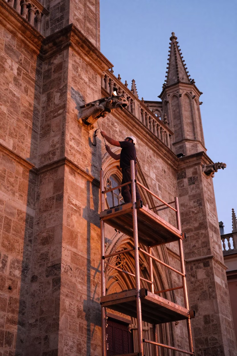 Seville Cathedral Gargoyle Stonemason Chiseling Scaffold Copper Dusk Light in in Seville, Spain
