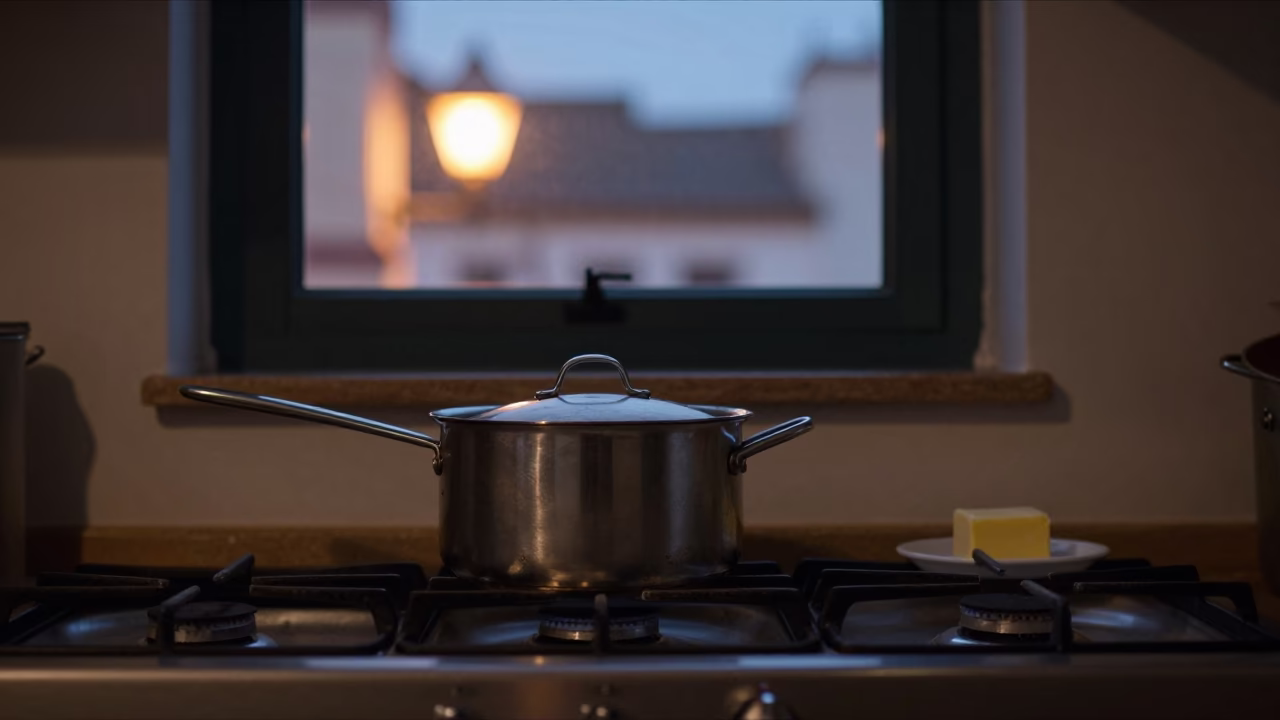 Seville Dawn Kitchen Scene with Saucepan and Butter Dish Before Daylight in in Seville, Spain