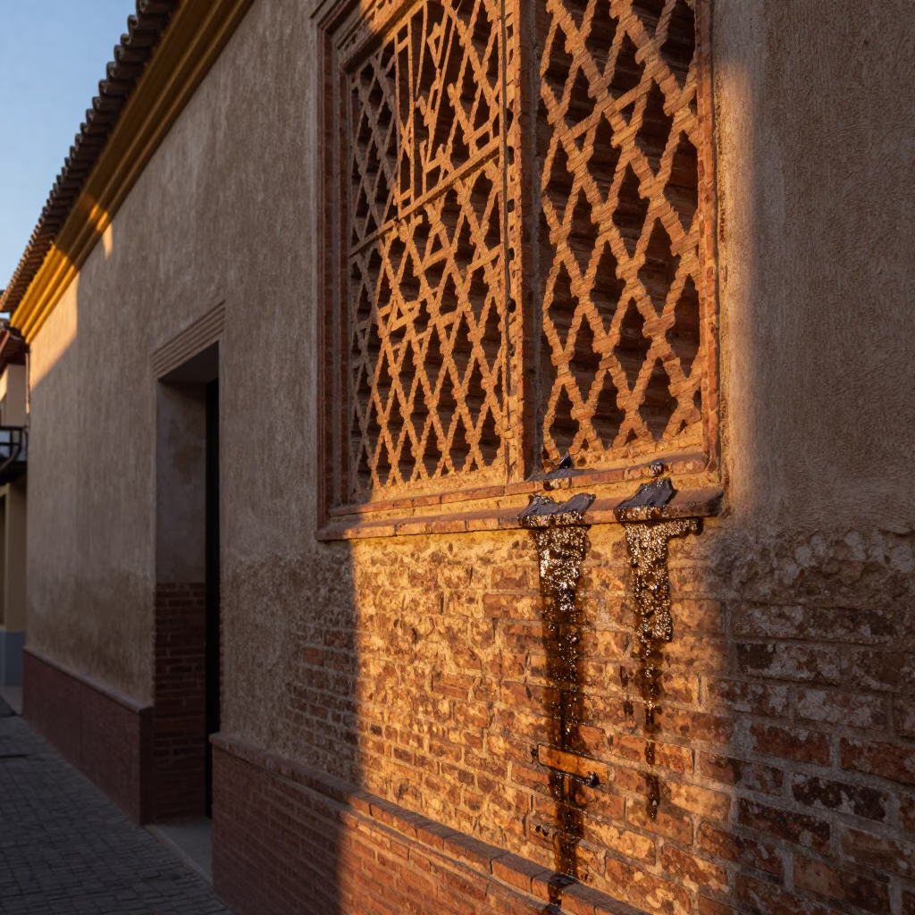 Seville Dawn Light on Weathered Brick and Water Stains at First Light in in Seville, Spain