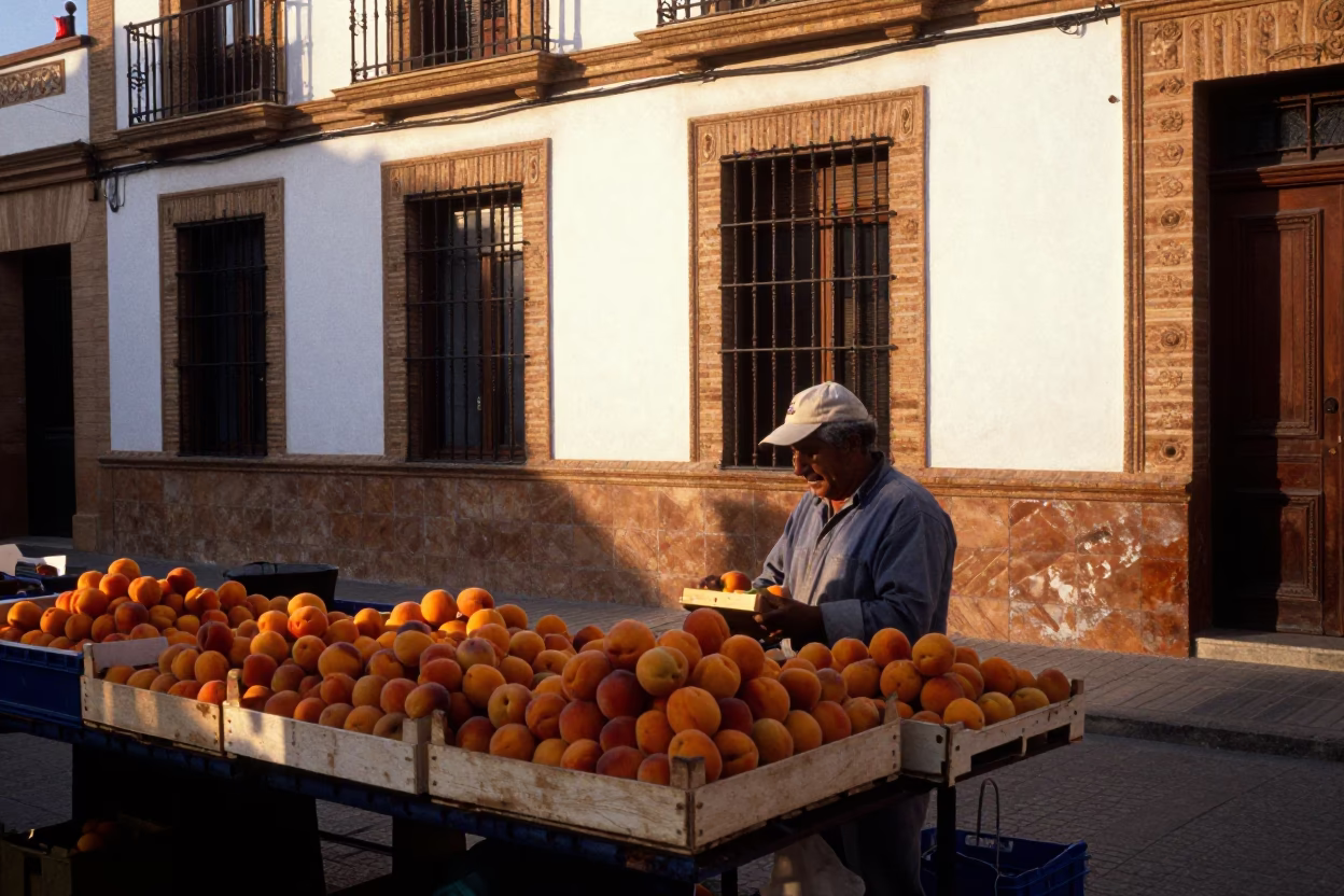 Seville Dawn Market Scene with Apricots and Rusty Metal Frames in in Seville, Spain