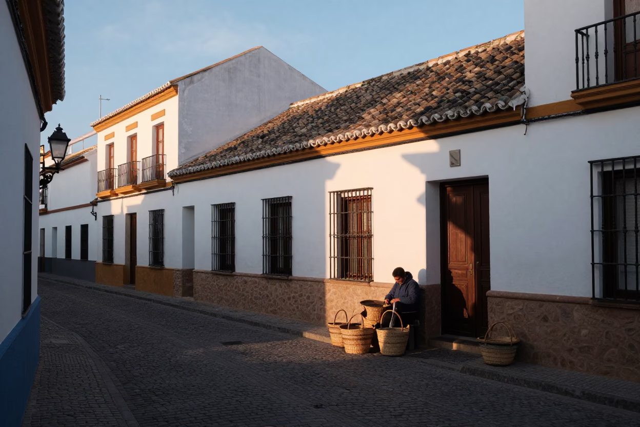Seville Dawn Street Scene with Woven Baskets and Traditional Architecture at First Light in in Seville, Spain