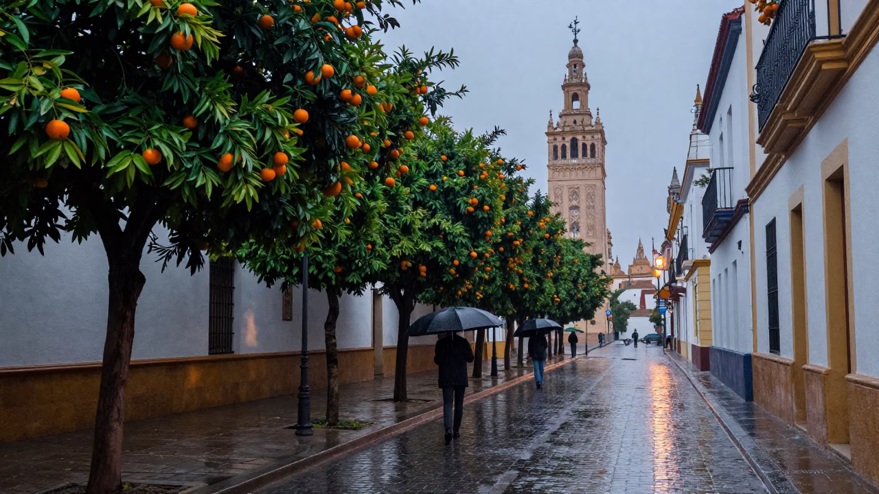 Seville Dusk Rain Street Scene with Umbrellas and Wet Cobblestones in in Seville, Spain