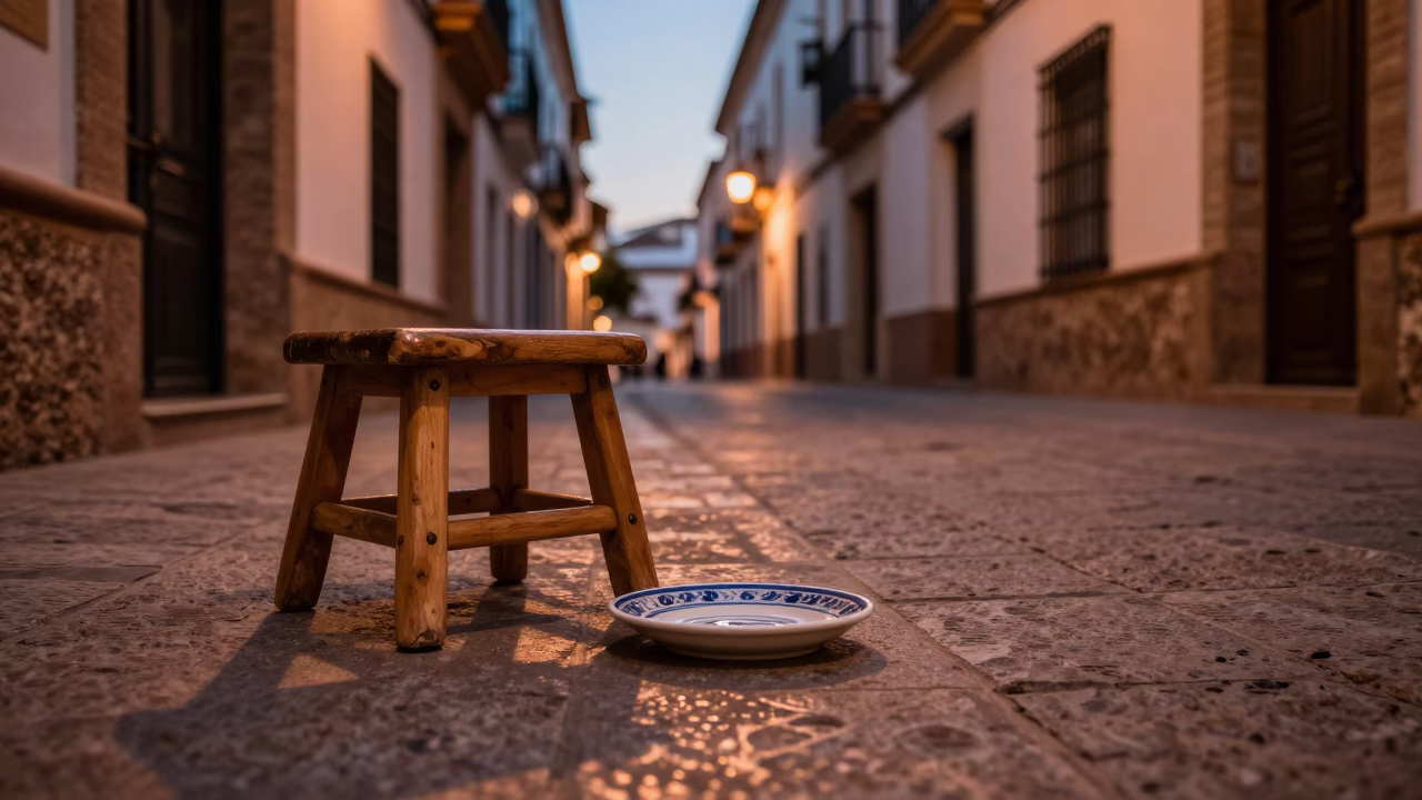 Seville Dusk Street Scene with Ceramic Saucer and Wooden Stool in in Seville, Spain
