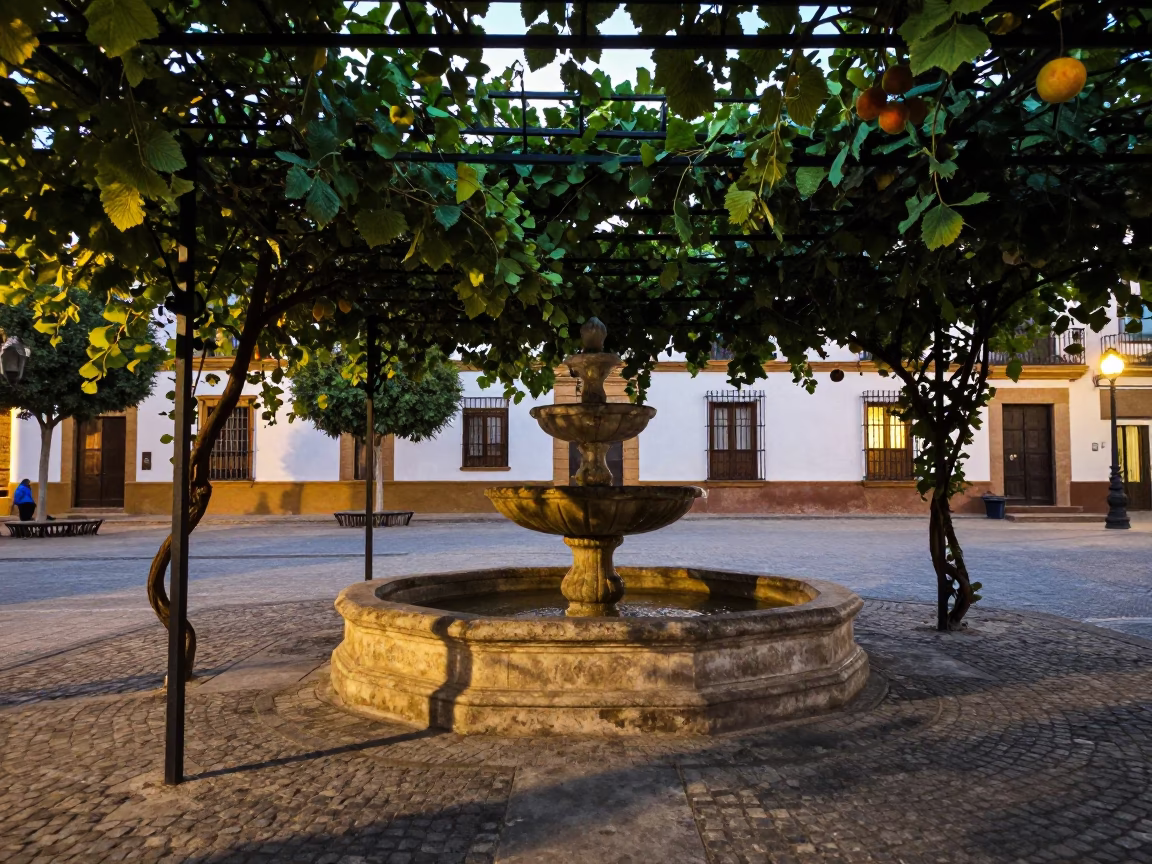 Seville Early Evening Plaza with Vine Trellis and Fruit Stall Display in in Seville, Spain