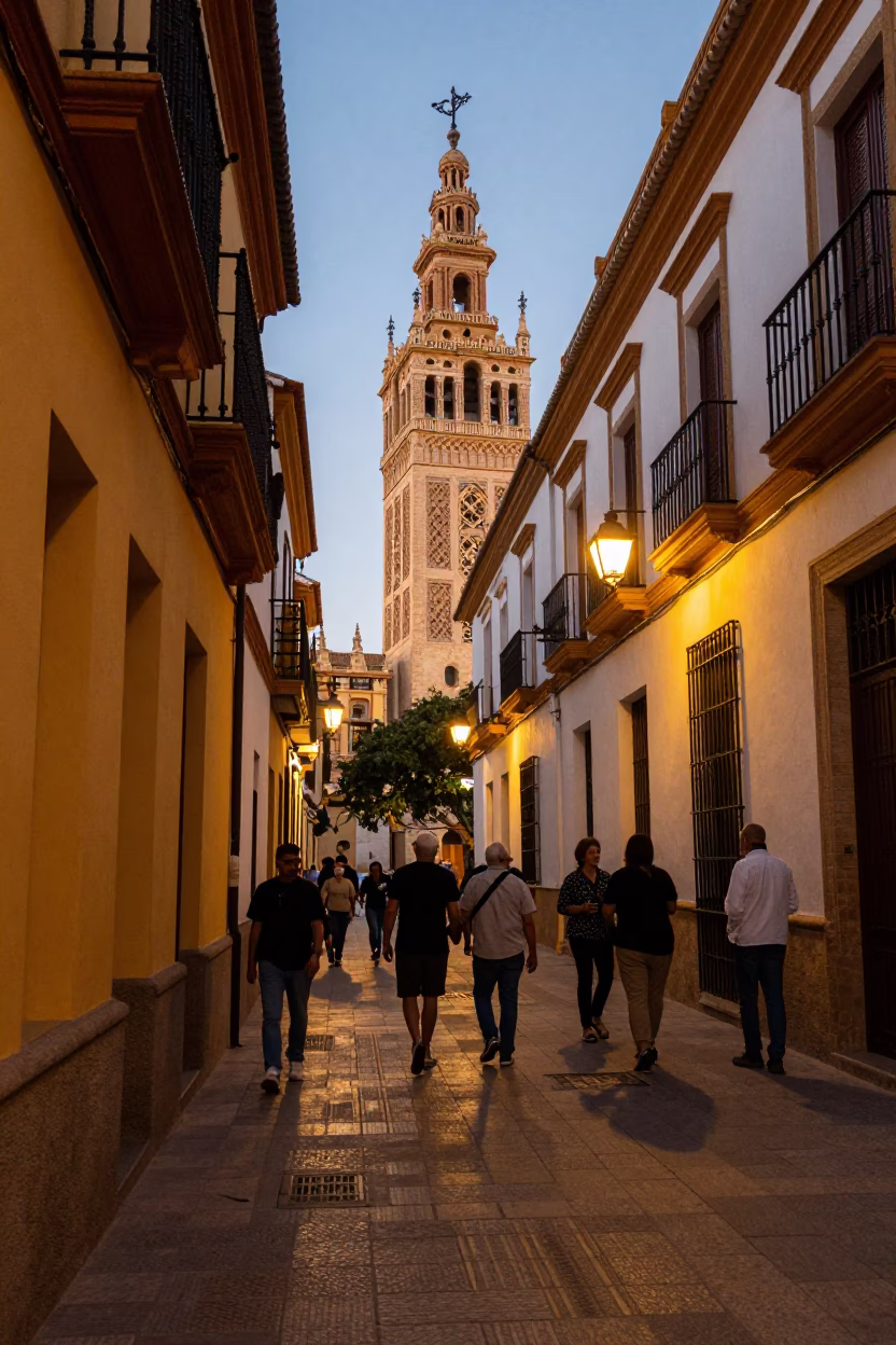 Seville Early Evening Street Scene with Brass Details and Local Life in in Seville, Spain