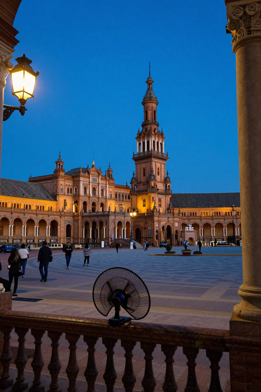 Seville Evening Blue Hour Street Scene with Fan and Honey Pastries in in Seville, Spain