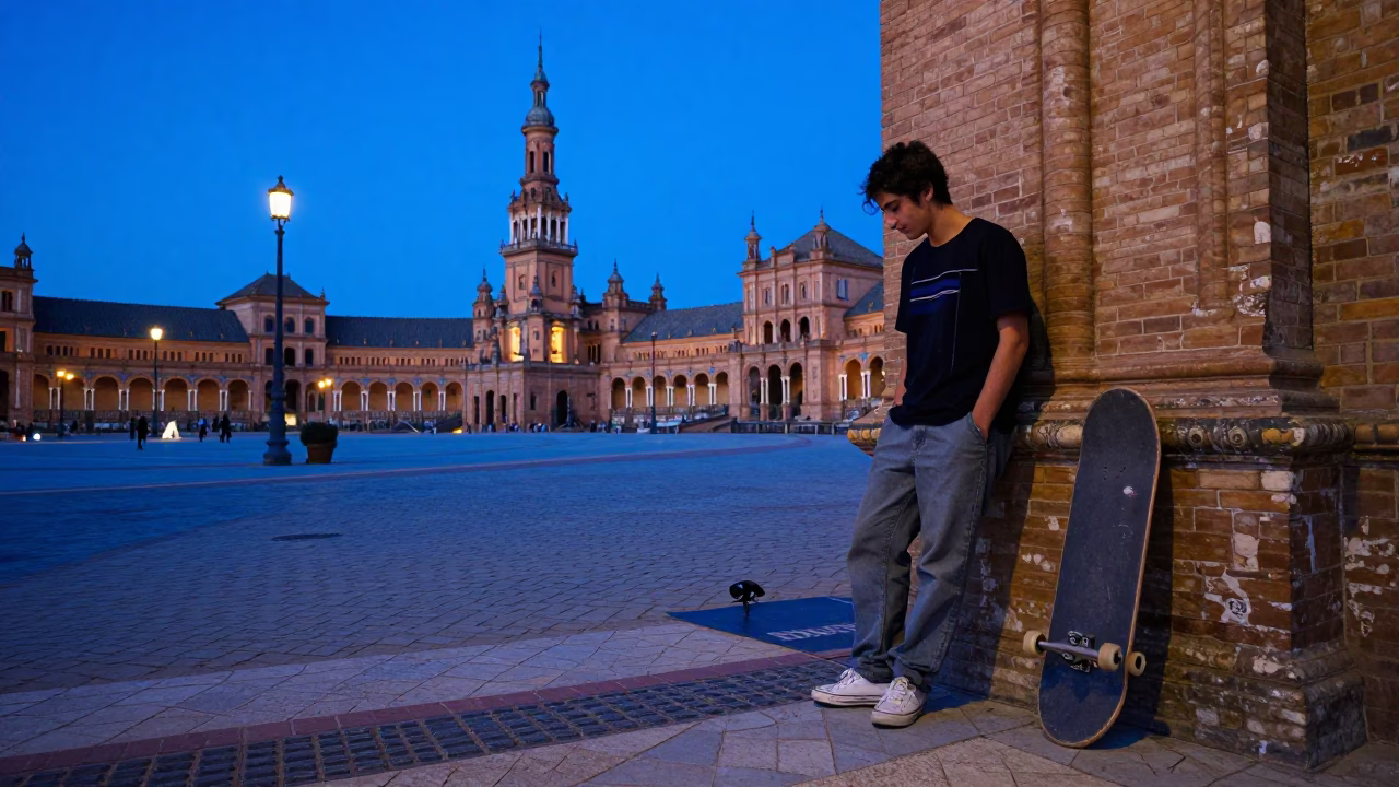 Seville Evening Blue Hour Street Scene with Skateboard and Brick Oven Pizza in in Seville, Spain