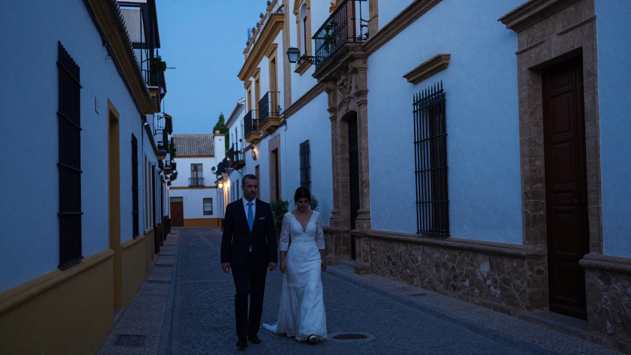 Seville Evening Blue Hour Traditional Wedding Procession Passing Weathered Wooden Door in in Seville, Spain