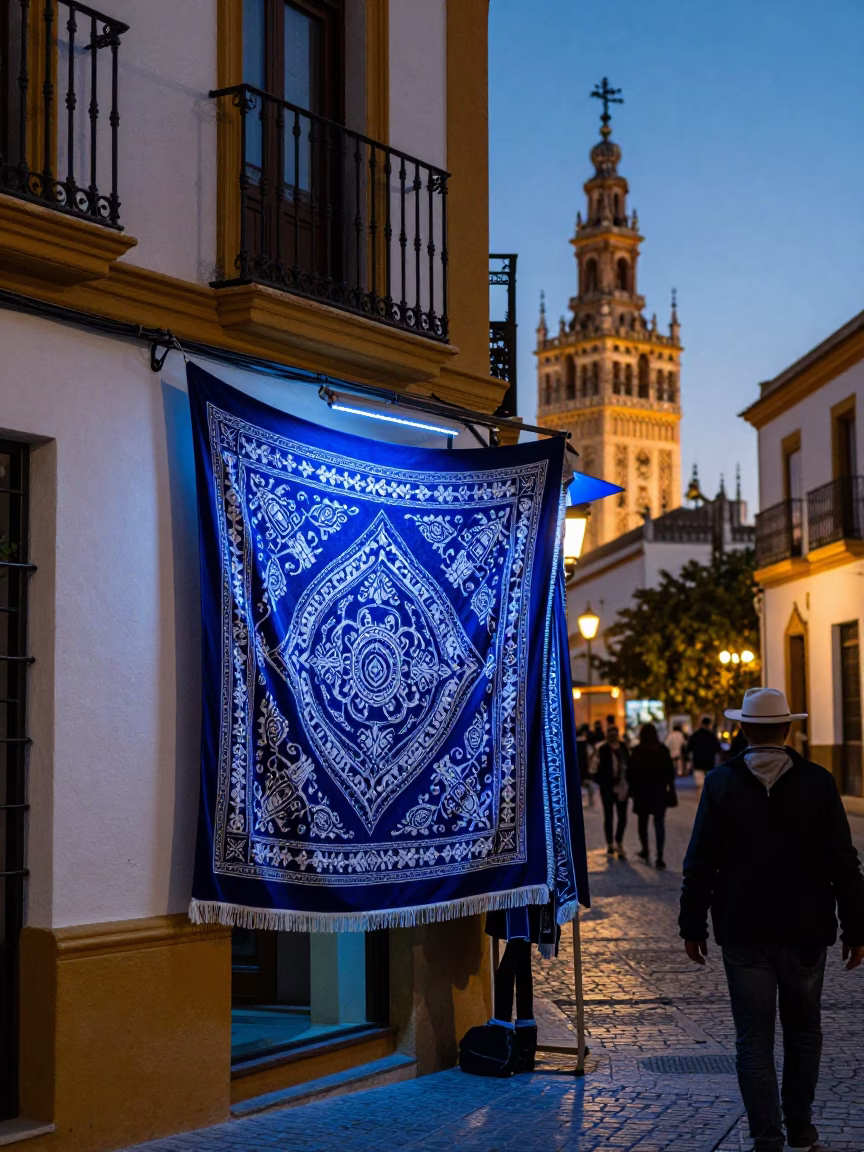 Seville Evening Blue Light Tapestry Display Traditional Andalusian Craft in in Seville, Spain