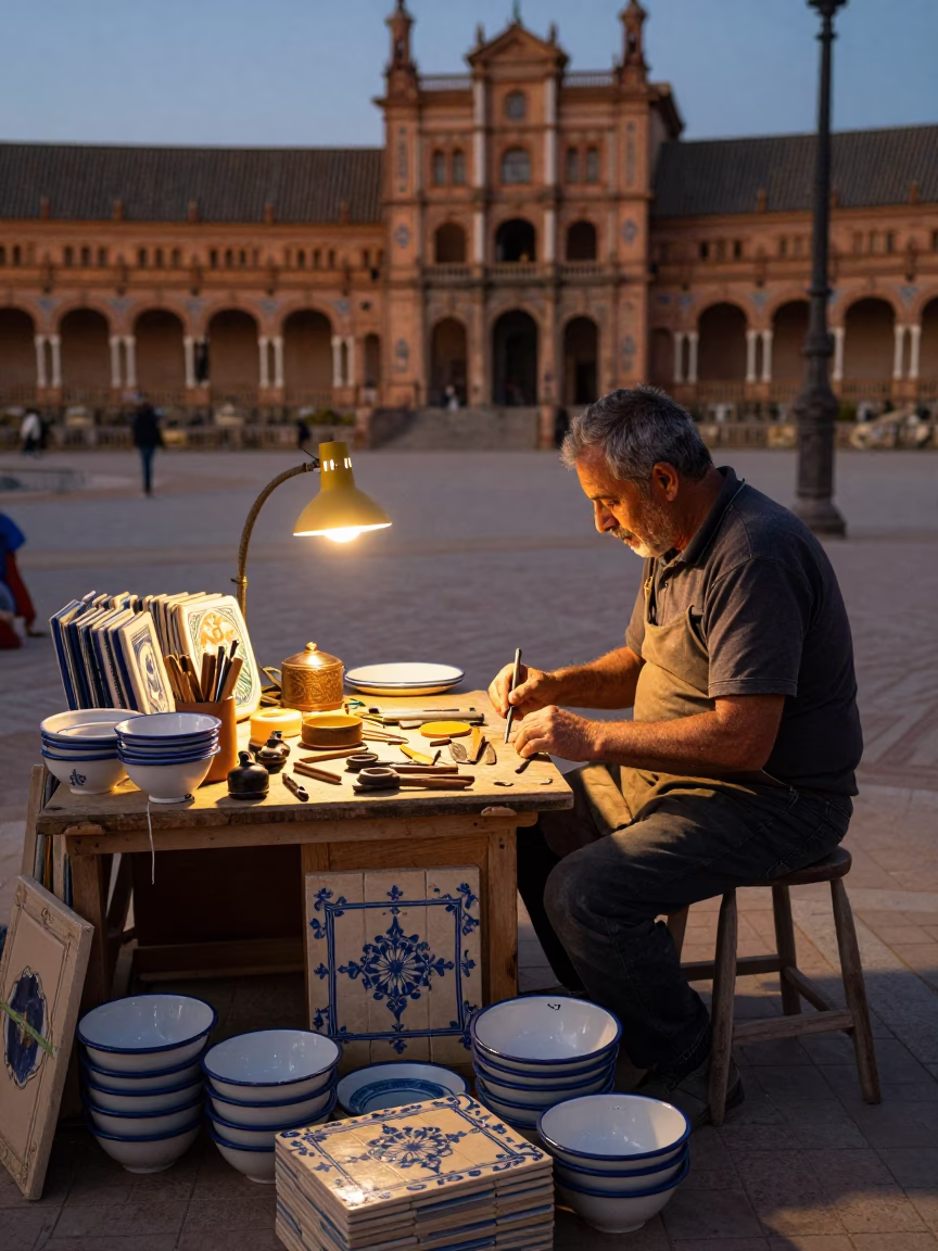 Seville Evening Plaza Ceramic Tiles and Enamel Bowls in in Seville, Spain