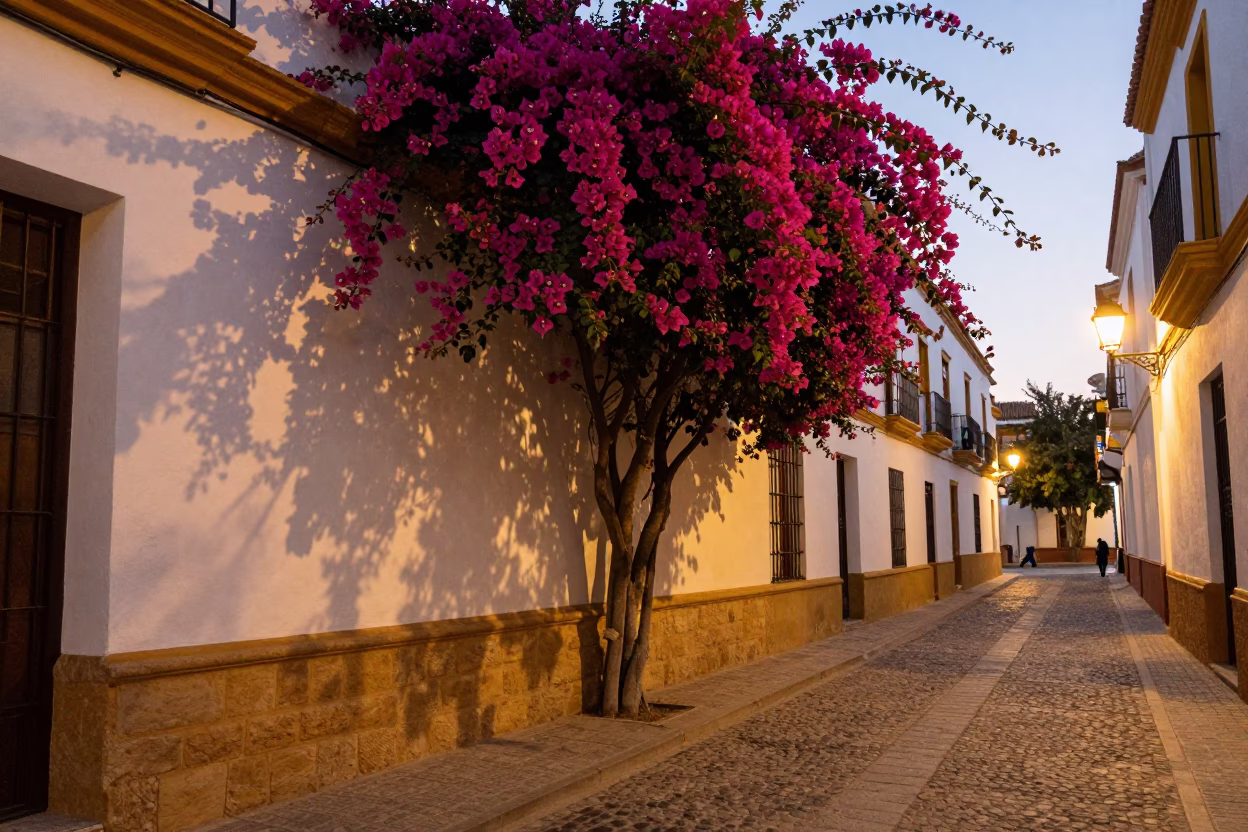 Seville Evening Street Scene with Bougainvillea and Local Life in Honeyed Light in in Seville, Spain