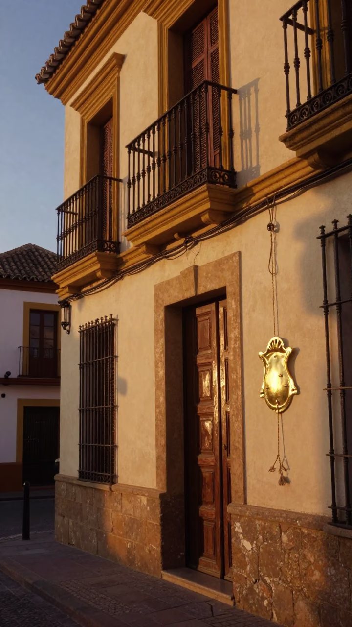 Seville Evening Street Scene with Brass Escutcheon and Twine Details in in Seville, Spain