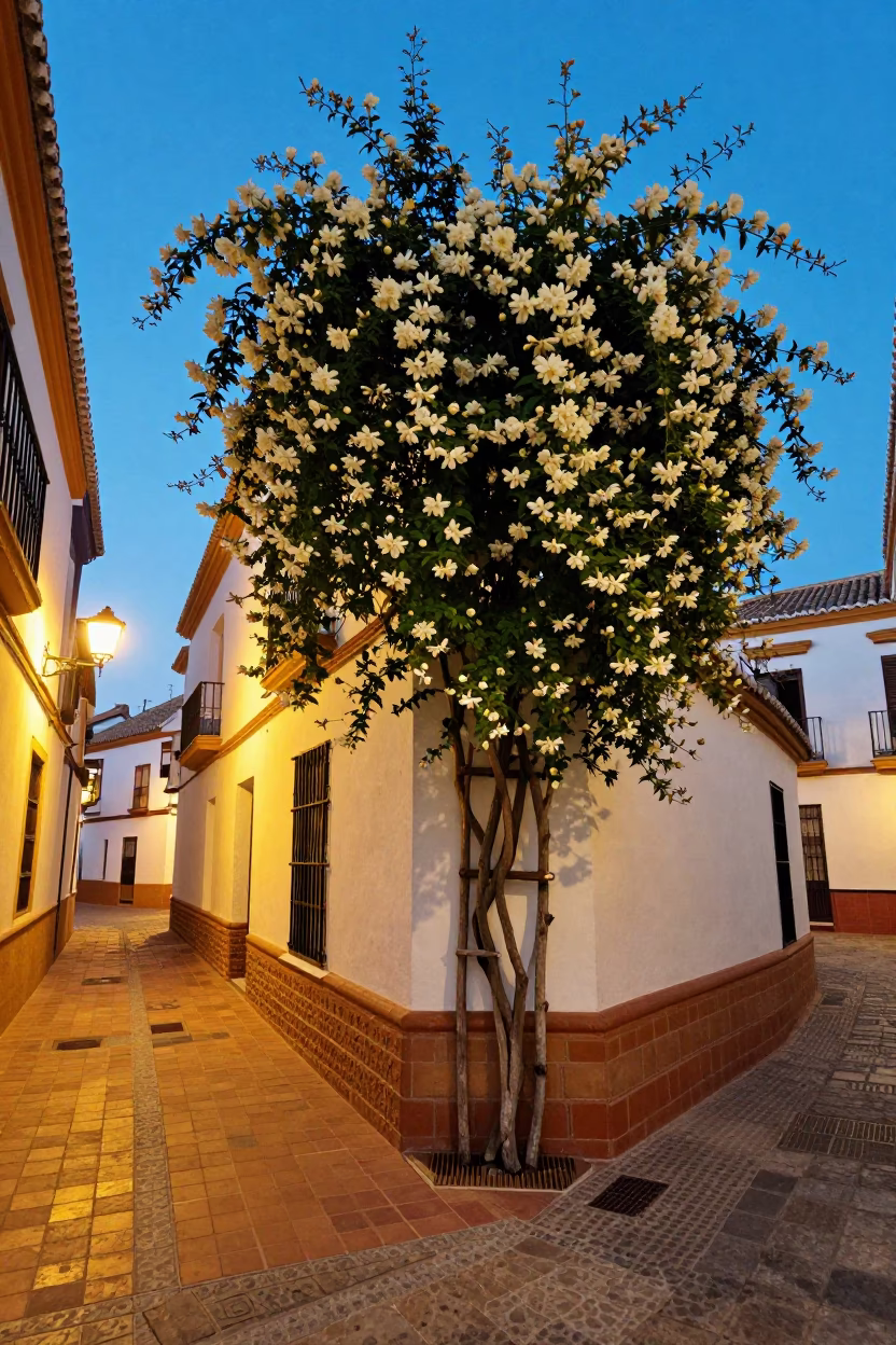 Seville Evening Street Scene with Climbing Jasmine and Local Shop Display in in Seville, Spain
