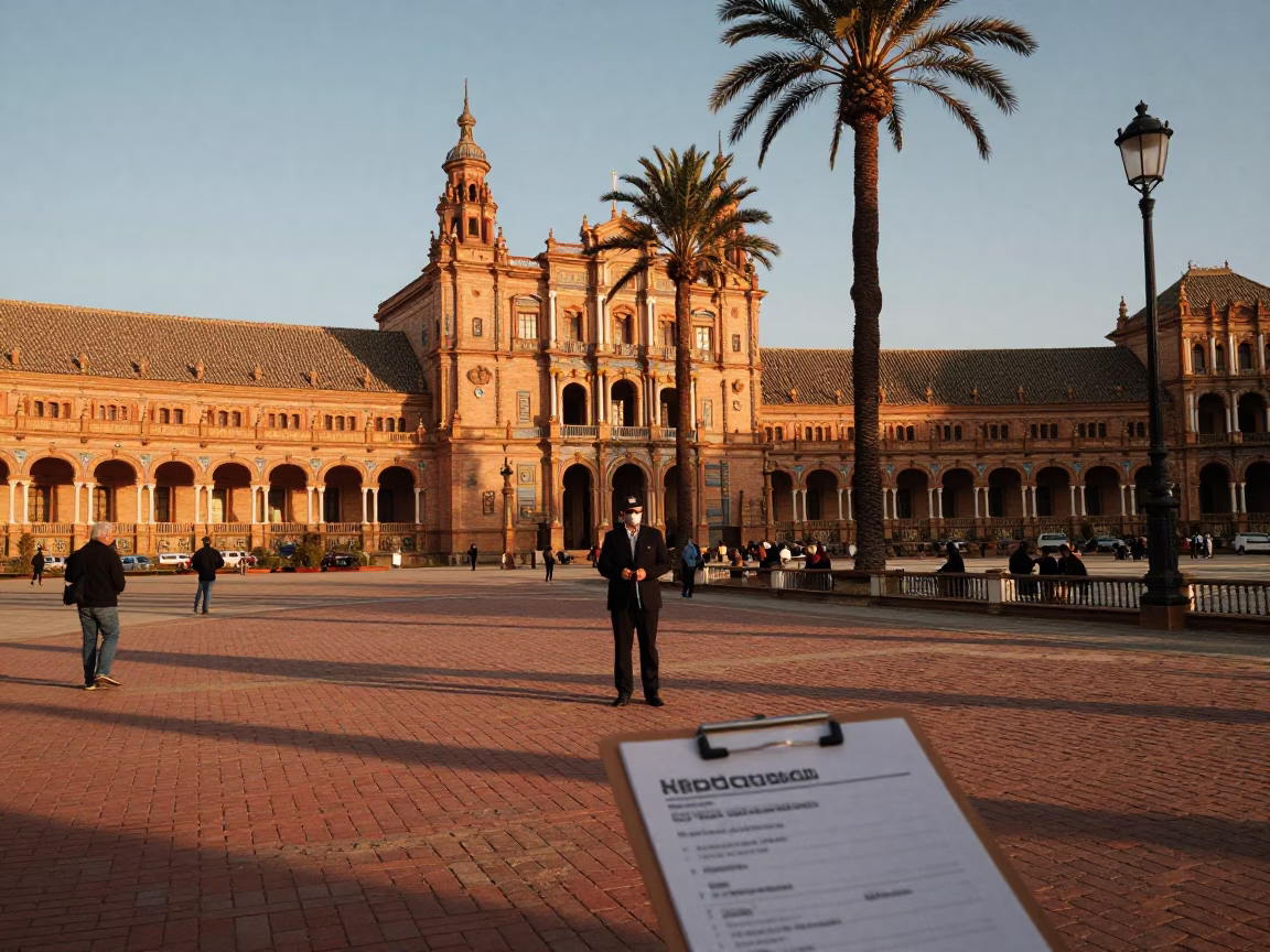 Seville Evening Street Scene with Clipboard and Palm Trees in in Seville, Spain